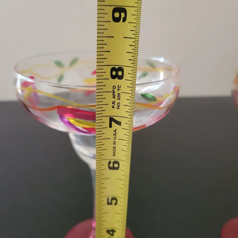 Margarita Glasses Etched Red Green Floral Leaf Design Hand Painted Nice Set of 2